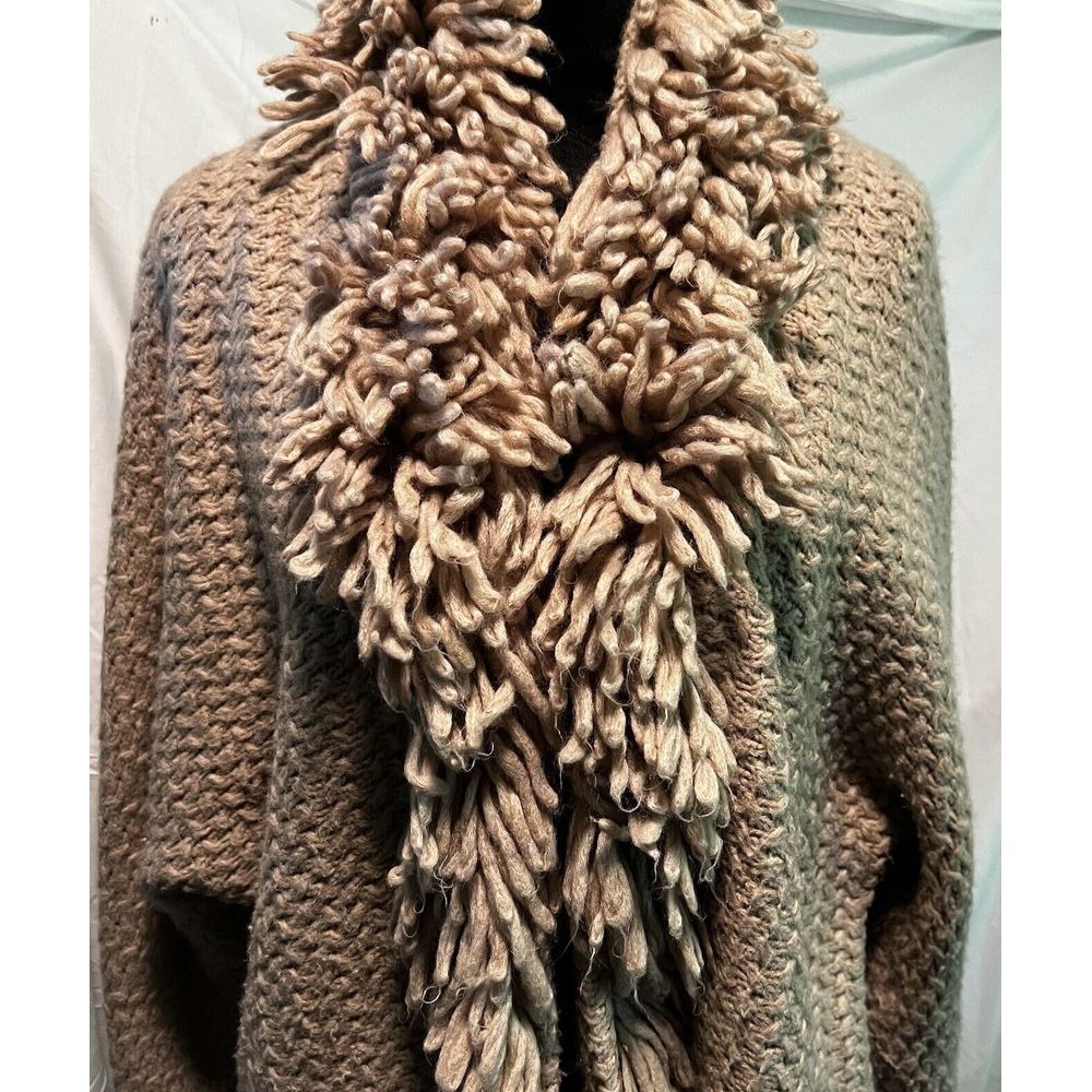 Chicos Women Size 2 Tan Wool Blend Shaggy Fringe Collar Open Front Cardigan L/XL